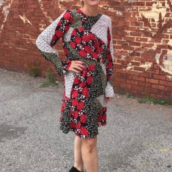 Libby Edelman Floral Patchwork Long Sleeve Dress Green & Red Size X-Small - Picture 3 of 8